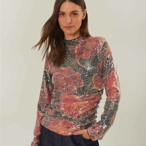 NWT FARM Rio Black Shiny Chita Tulle Sequins Blouse